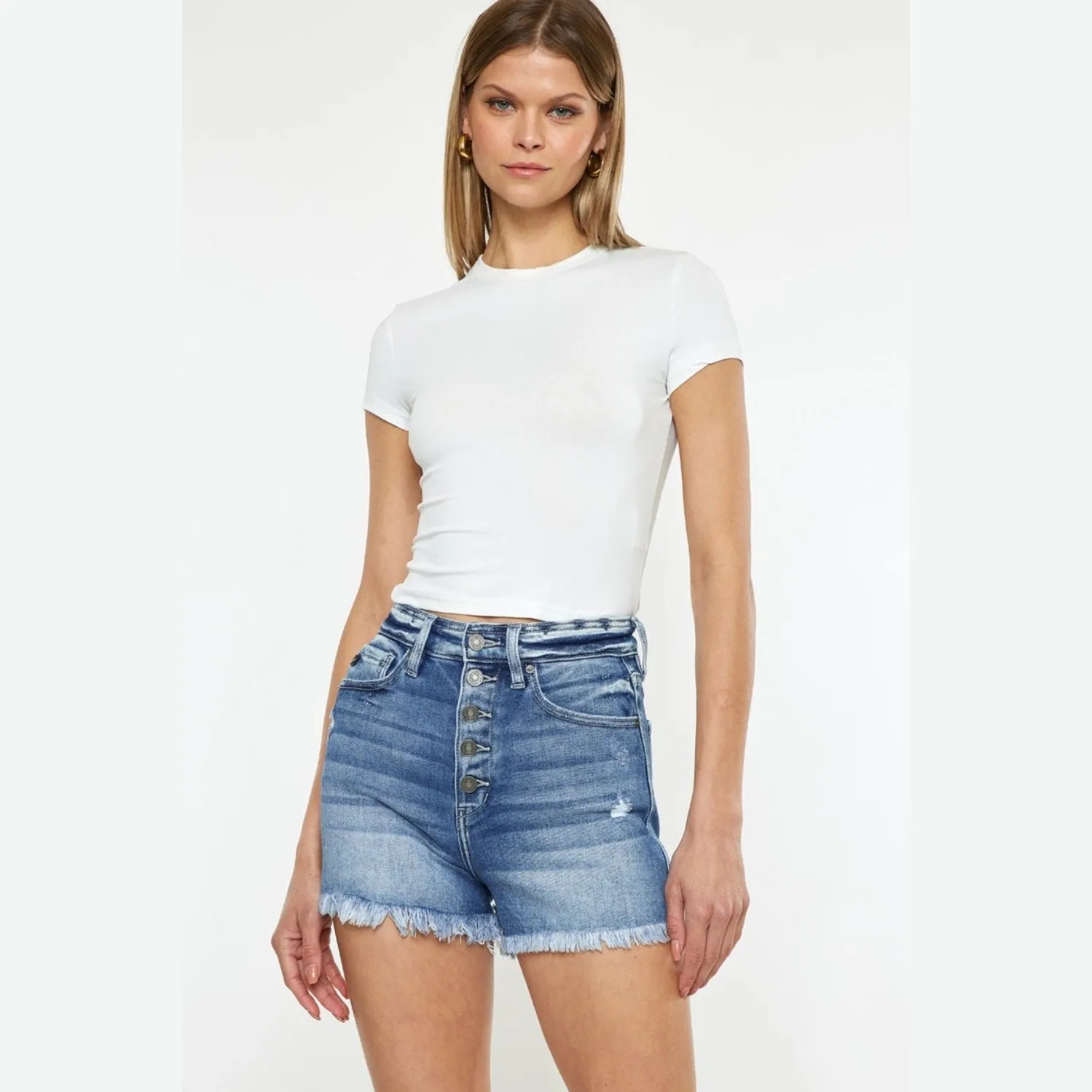 Button Fly High Rise Raw Hem Denim Shorts