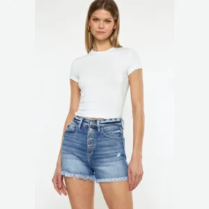 Button Fly High Rise Raw Hem Denim Shorts