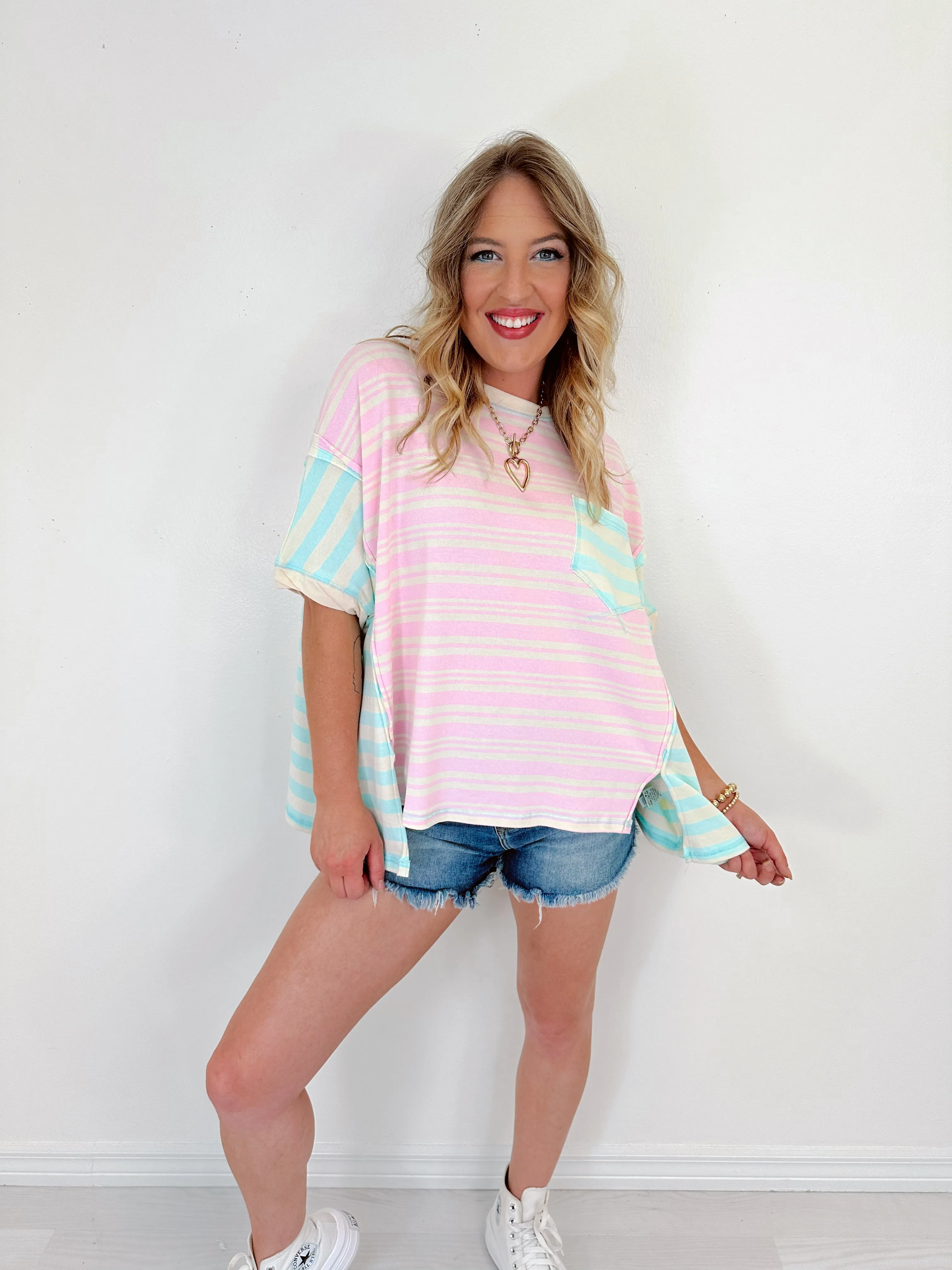 Callie Striped Colorblock Top - Pink