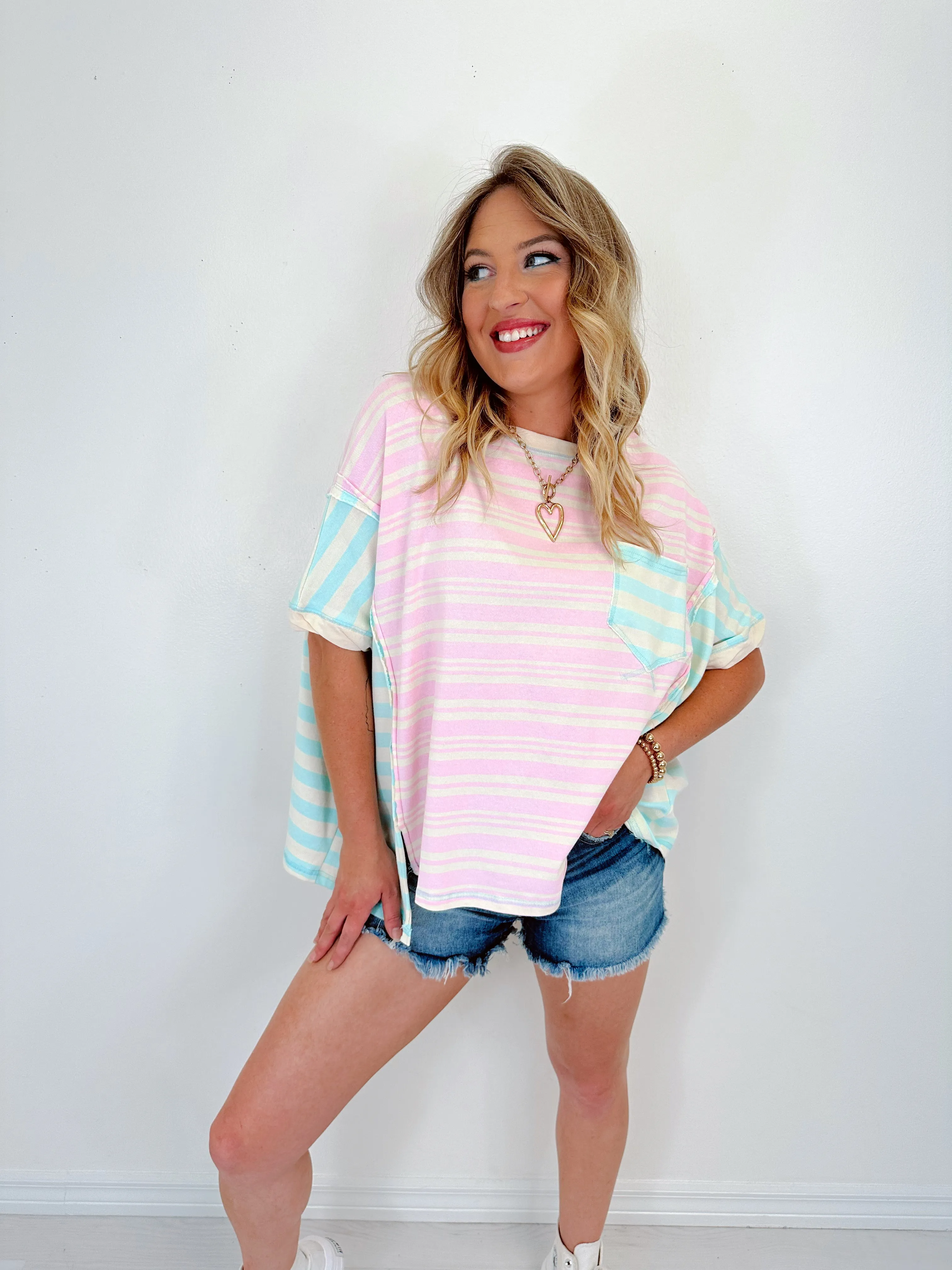 Callie Striped Colorblock Top - Pink