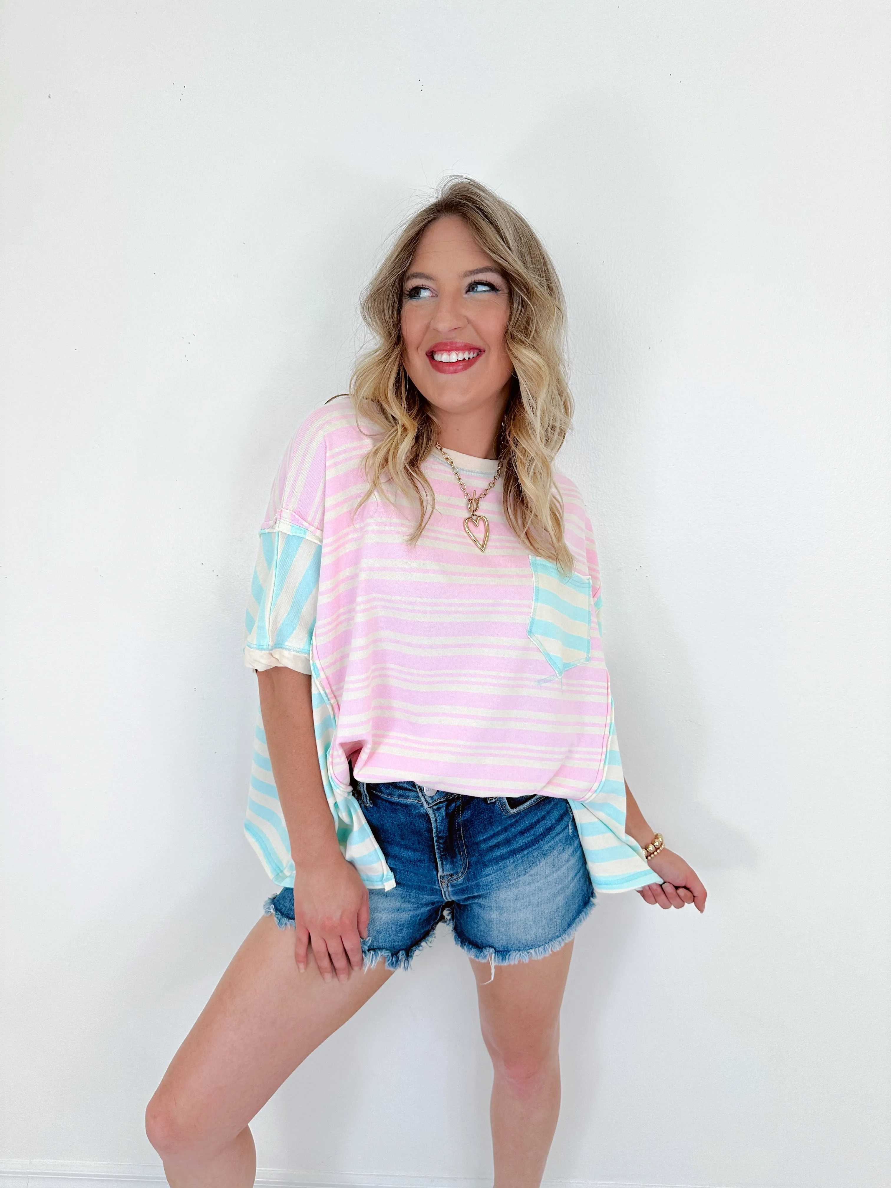 Callie Striped Colorblock Top - Pink