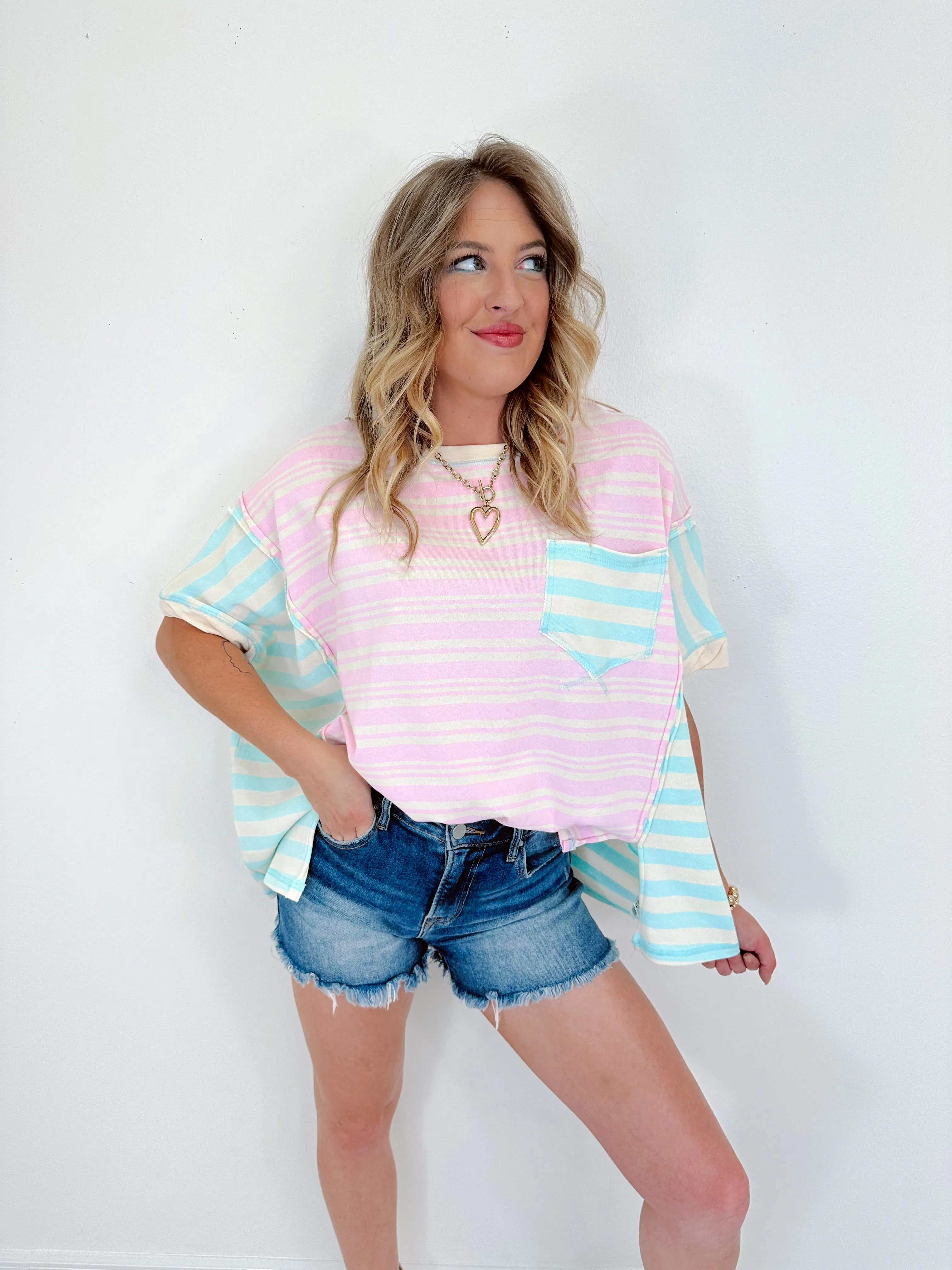 Callie Striped Colorblock Top - Pink