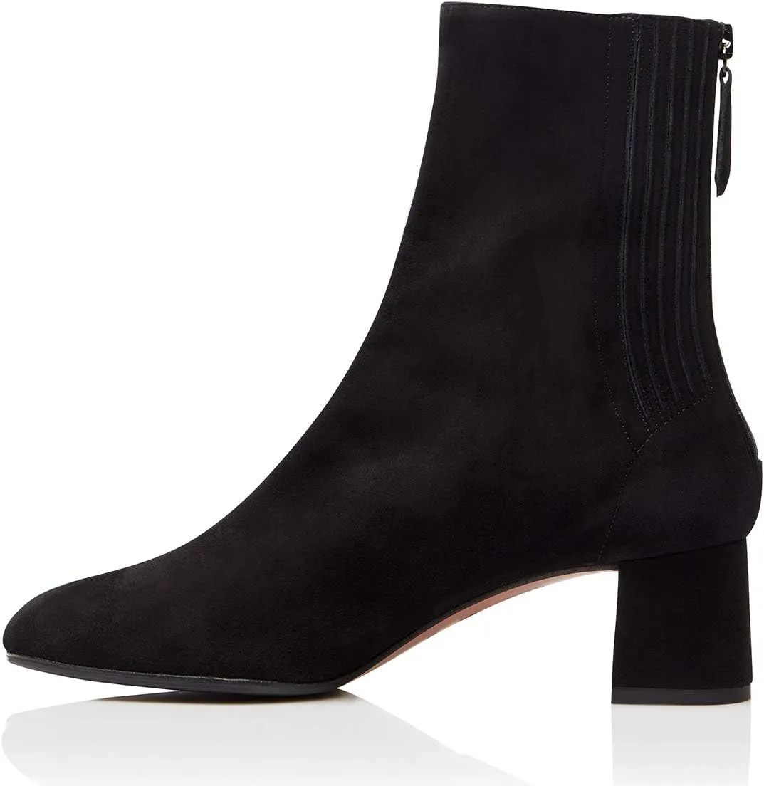 FSJ Women Classic Round Toe Low Chunky Block Heel Ankle Boots Trendy Back Zipper Winter Booties Suede Party Dress Shoes Size 4-15 US