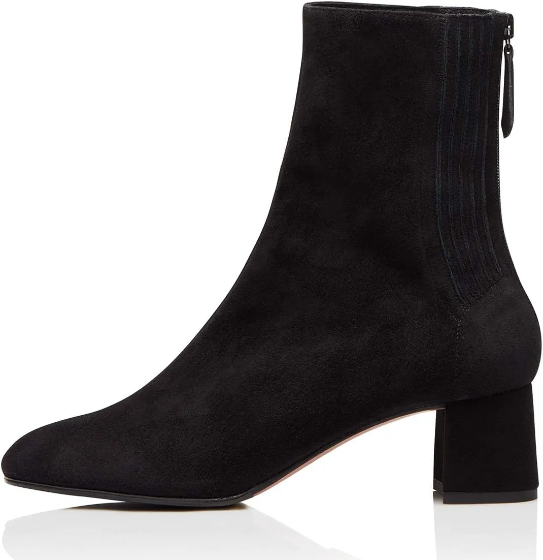FSJ Women Classic Round Toe Low Chunky Block Heel Ankle Boots Trendy Back Zipper Winter Booties Suede Party Dress Shoes Size 4-15 US