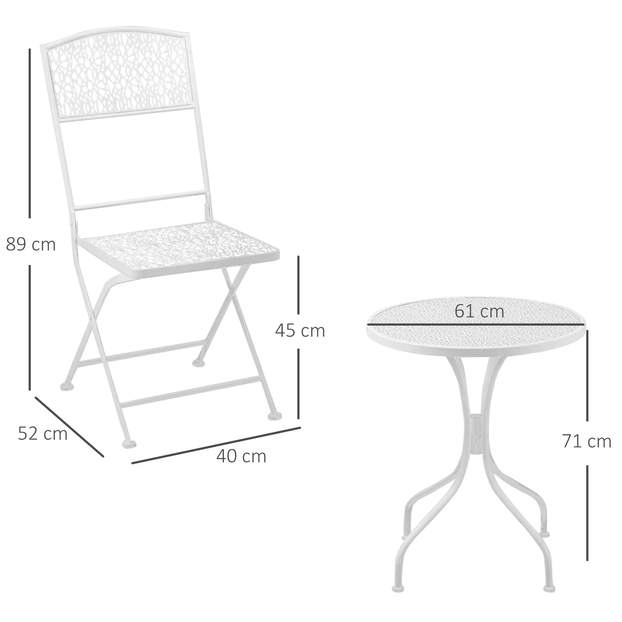 Garden Bistro Set for 2 with Folding Chairs and Round Table Metal Balcony Furniture for Outdoor Indoor Use White