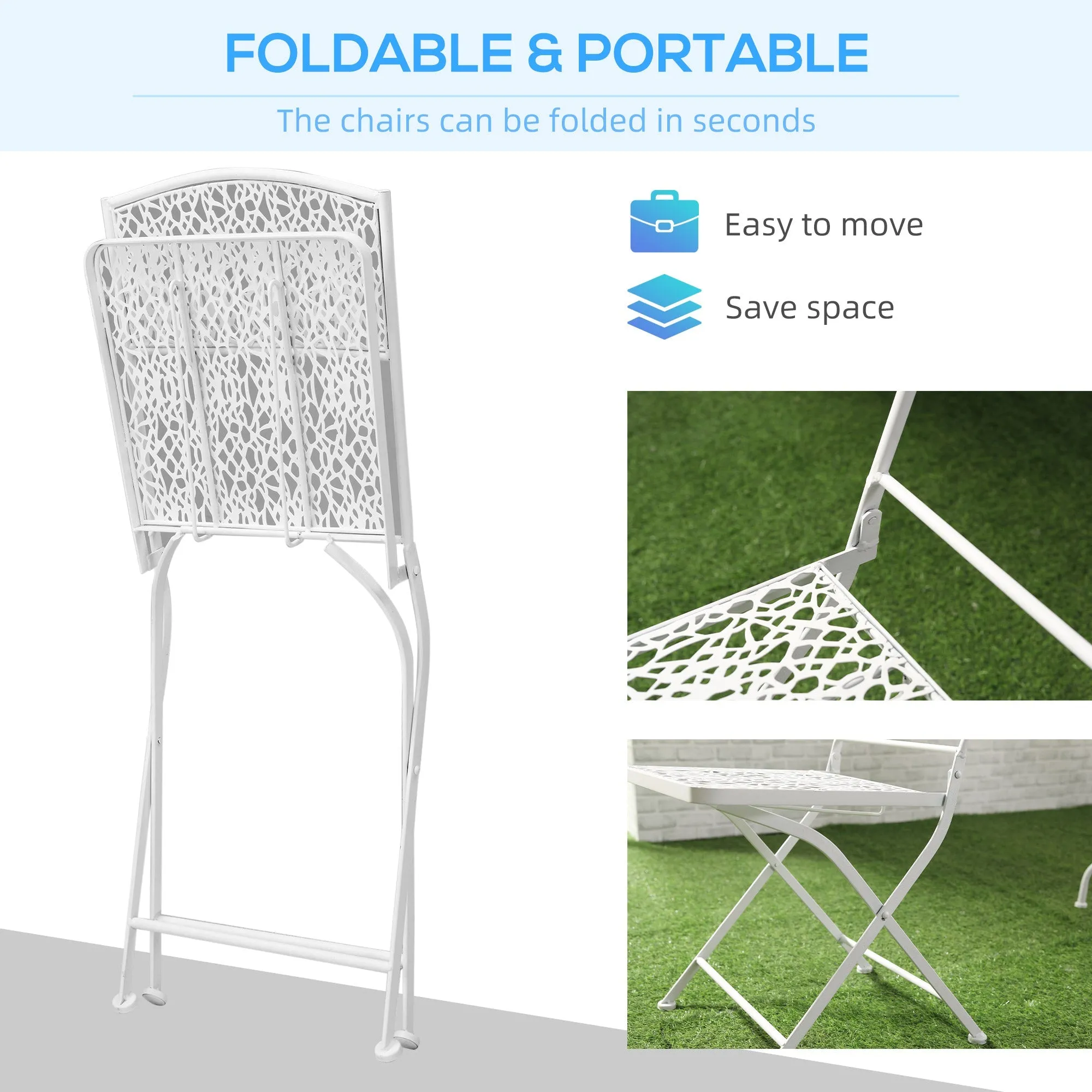 Garden Bistro Set for 2 with Folding Chairs and Round Table Metal Balcony Furniture for Outdoor Indoor Use White