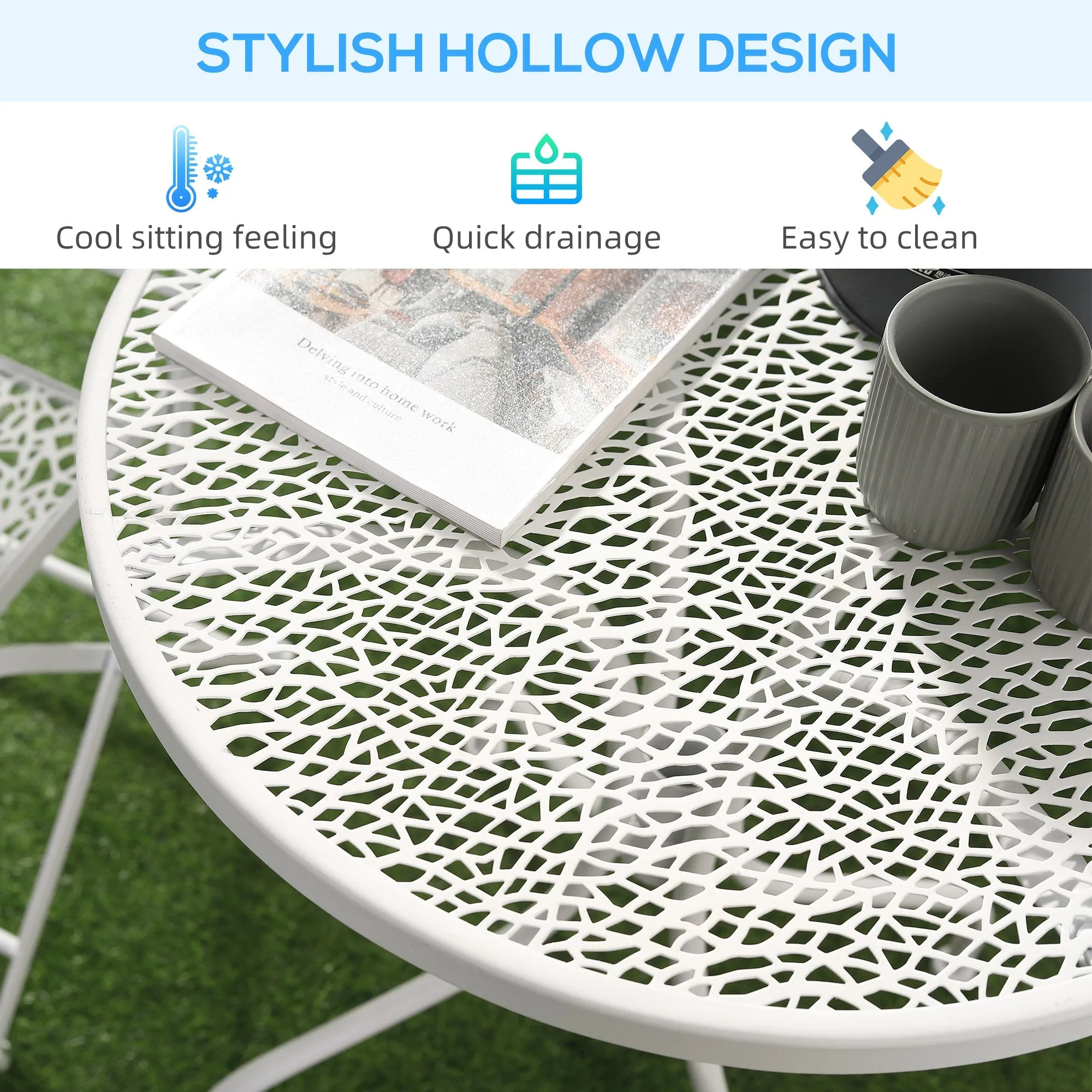 Garden Bistro Set for 2 with Folding Chairs and Round Table Metal Balcony Furniture for Outdoor Indoor Use White