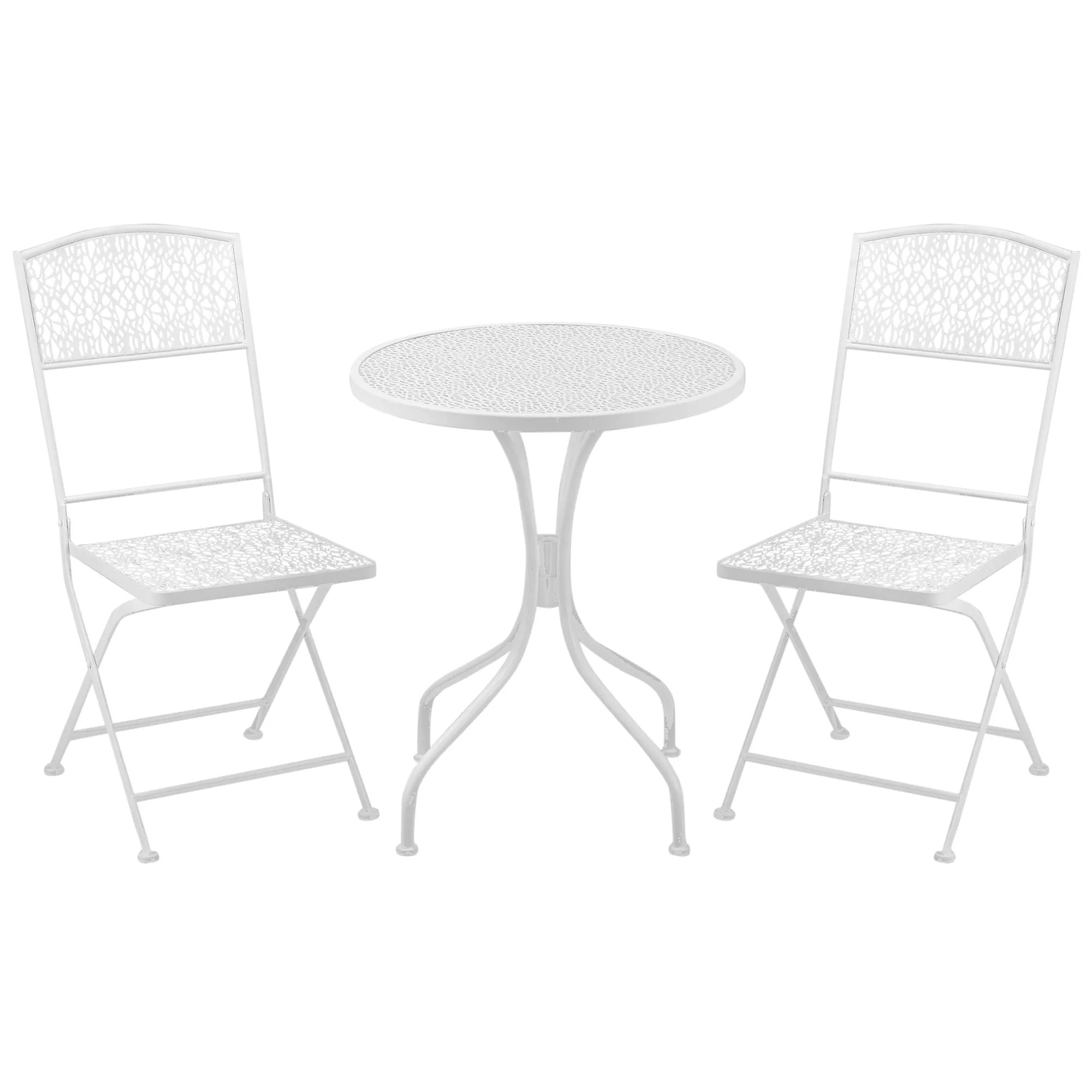 Garden Bistro Set for 2 with Folding Chairs and Round Table Metal Balcony Furniture for Outdoor Indoor Use White