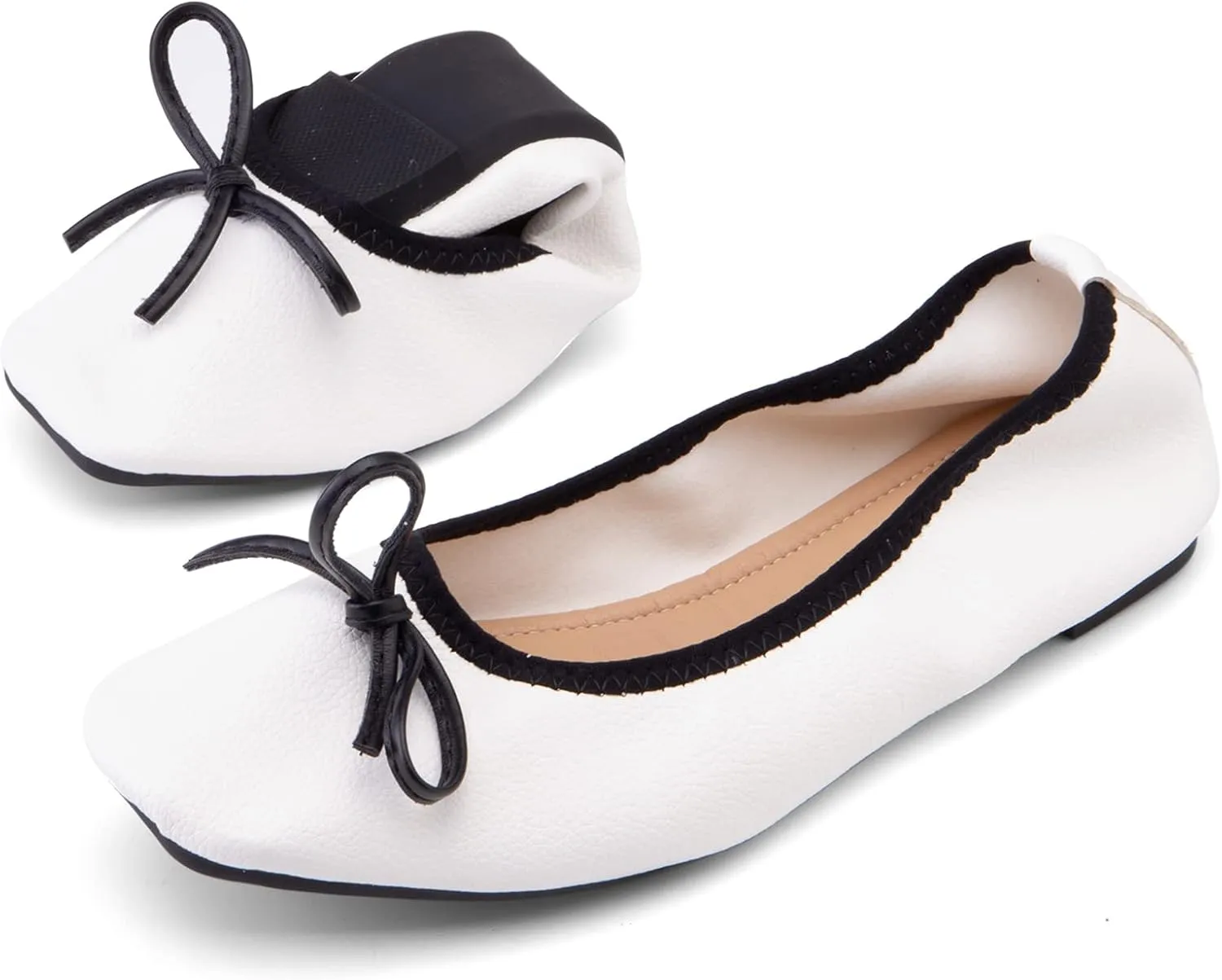 Gicoiz Foldable Flats Womens Square Toe Bowtie Ballerina Slippers
