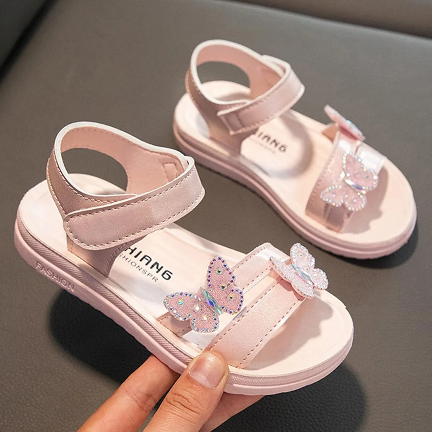 Girls Glitter Butterfly Sandals Summer Open Toe Flat Kids Sparkly Princess Shoes Cute Non Slip Outdoor Strap Soft