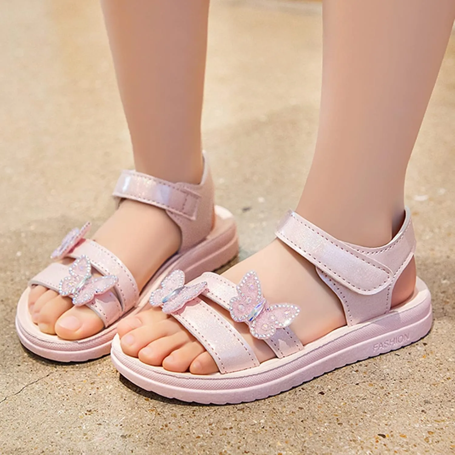 Girls Glitter Butterfly Sandals Summer Open Toe Flat Kids Sparkly Princess Shoes Cute Non Slip Outdoor Strap Soft