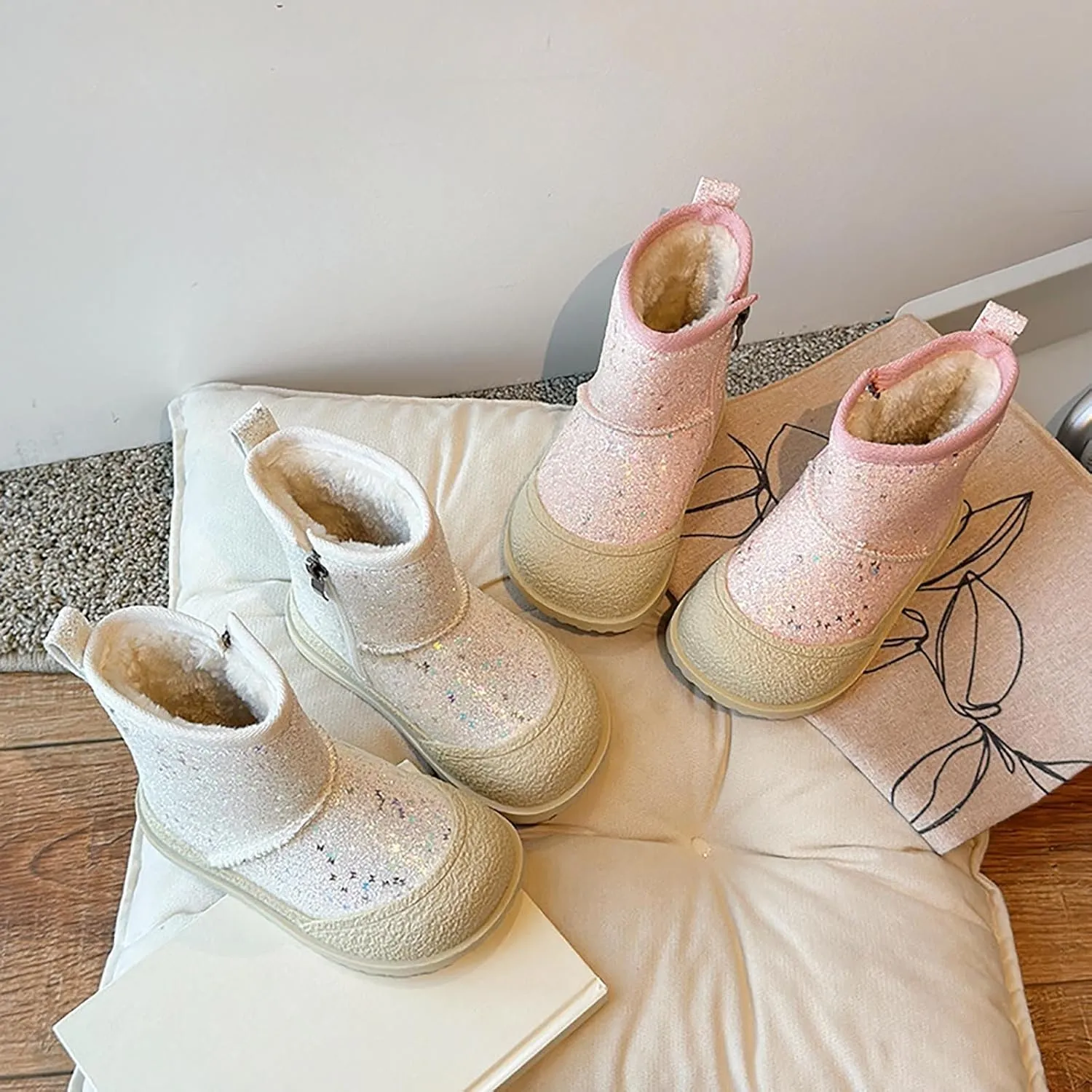 Girls Glitter Snow Boots Kids Warm Fleece Plush Winter Sequin Comfy Cute Outdoor parkle Snow Boots Toddler Girl 7