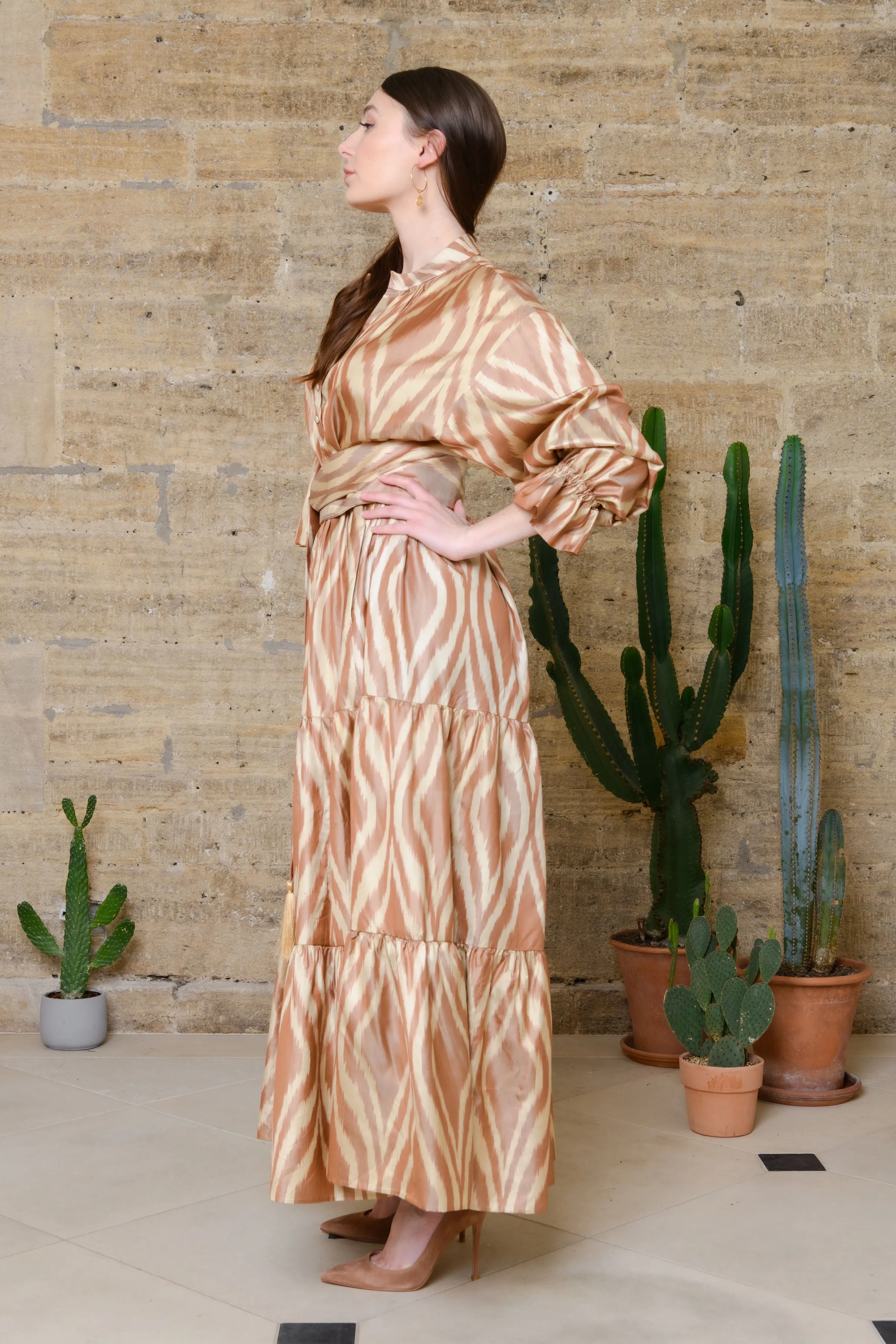 Hand-Woven Silk Ikat Tiered Dress with Bell Sleeves - Sakina - 'Serenity'