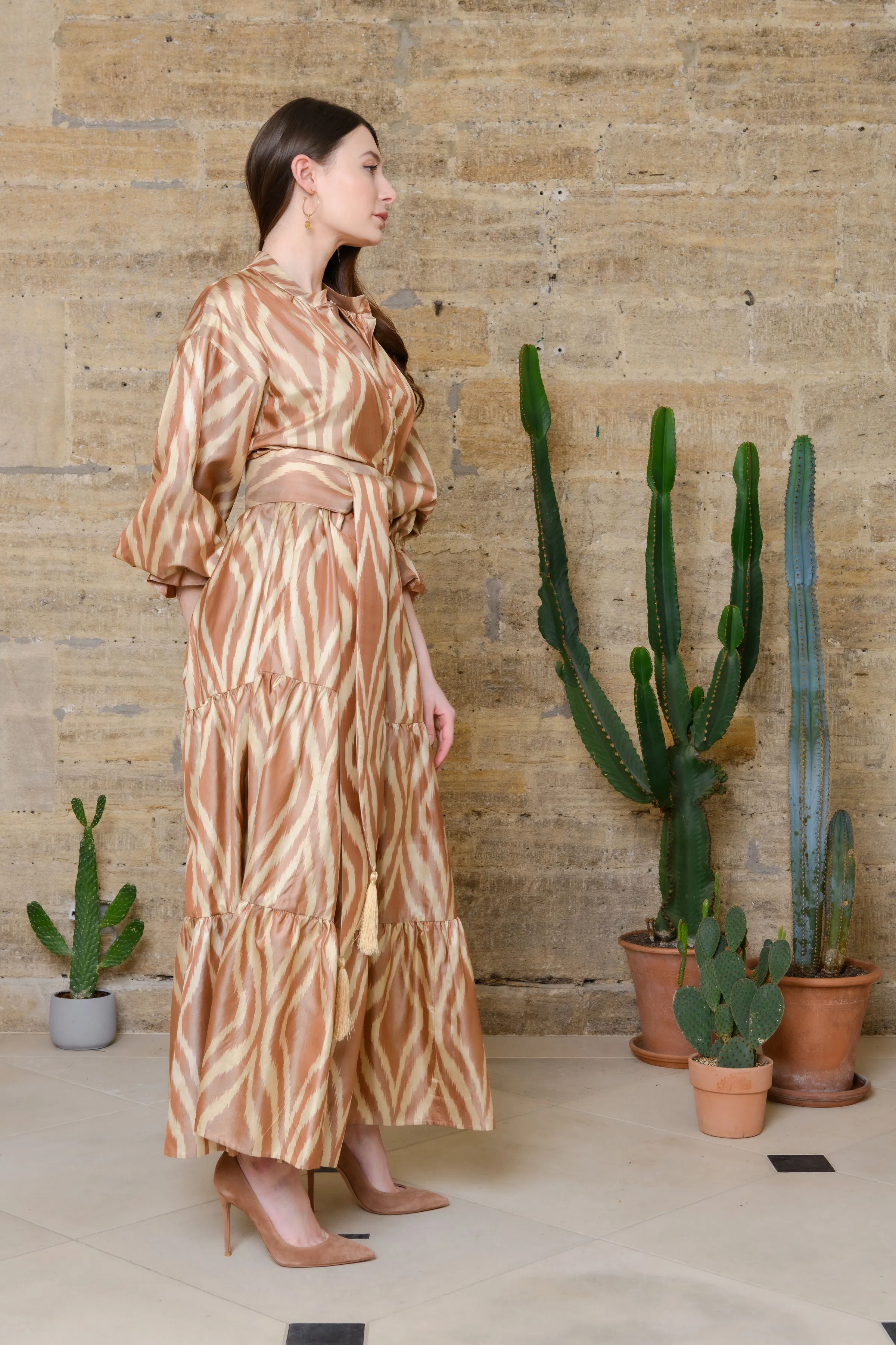Hand-Woven Silk Ikat Tiered Dress with Bell Sleeves - Sakina - 'Serenity'