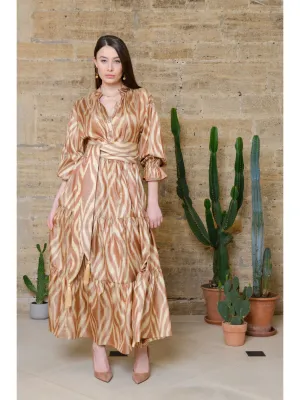 Hand-Woven Silk Ikat Tiered Dress with Bell Sleeves - Sakina - 'Serenity'