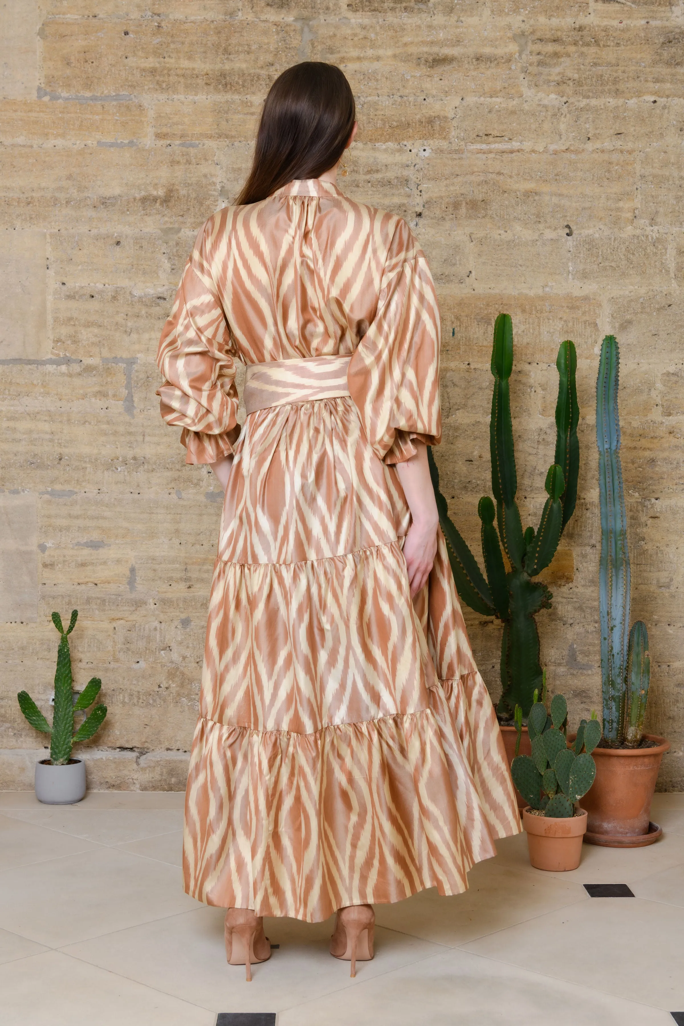 Hand-Woven Silk Ikat Tiered Dress with Bell Sleeves - Sakina - 'Serenity'