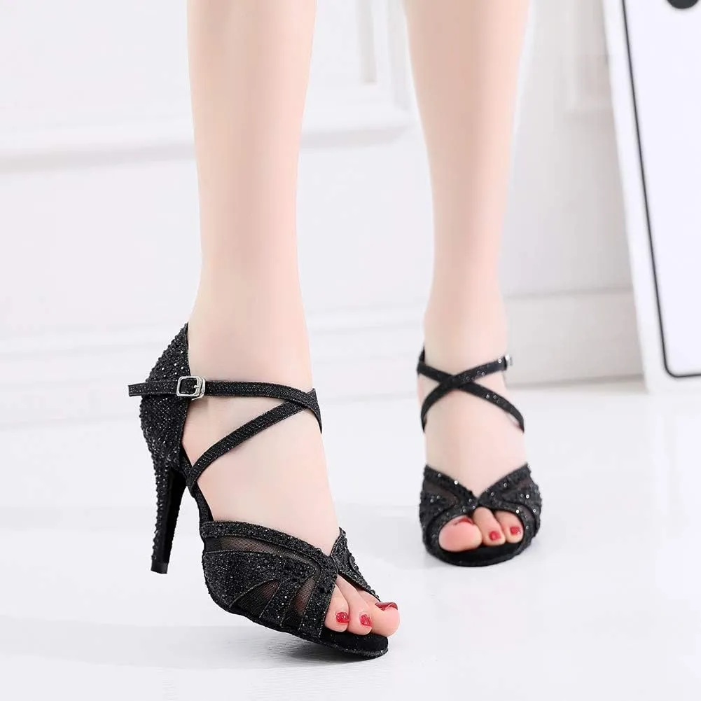 HIPPOSEUS Women Ballroom Dance Shoes Rhinestone Latin Salsa Social Wedding Performance Dance Shoes,Model 1025