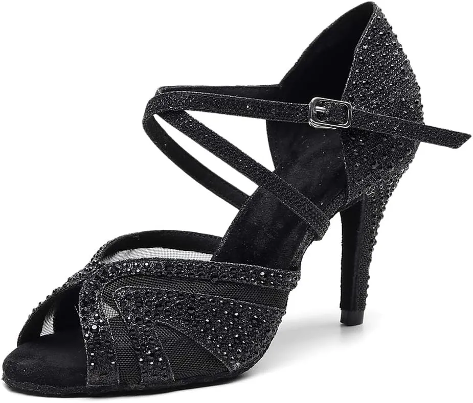 HIPPOSEUS Women Ballroom Dance Shoes Rhinestone Latin Salsa Social Wedding Performance Dance Shoes,Model 1025