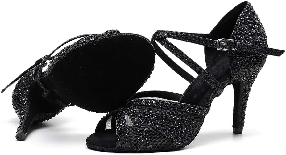 HIPPOSEUS Women Ballroom Dance Shoes Rhinestone Latin Salsa Social Wedding Performance Dance Shoes,Model 1025