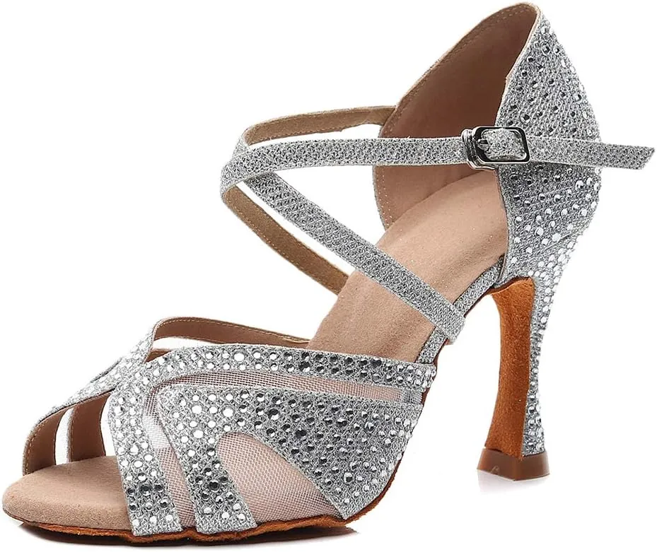 HIPPOSEUS Women Ballroom Dance Shoes Rhinestone Latin Salsa Social Wedding Performance Dance Shoes,Model 1025