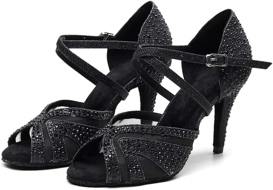 HIPPOSEUS Women Ballroom Dance Shoes Rhinestone Latin Salsa Social Wedding Performance Dance Shoes,Model 1025