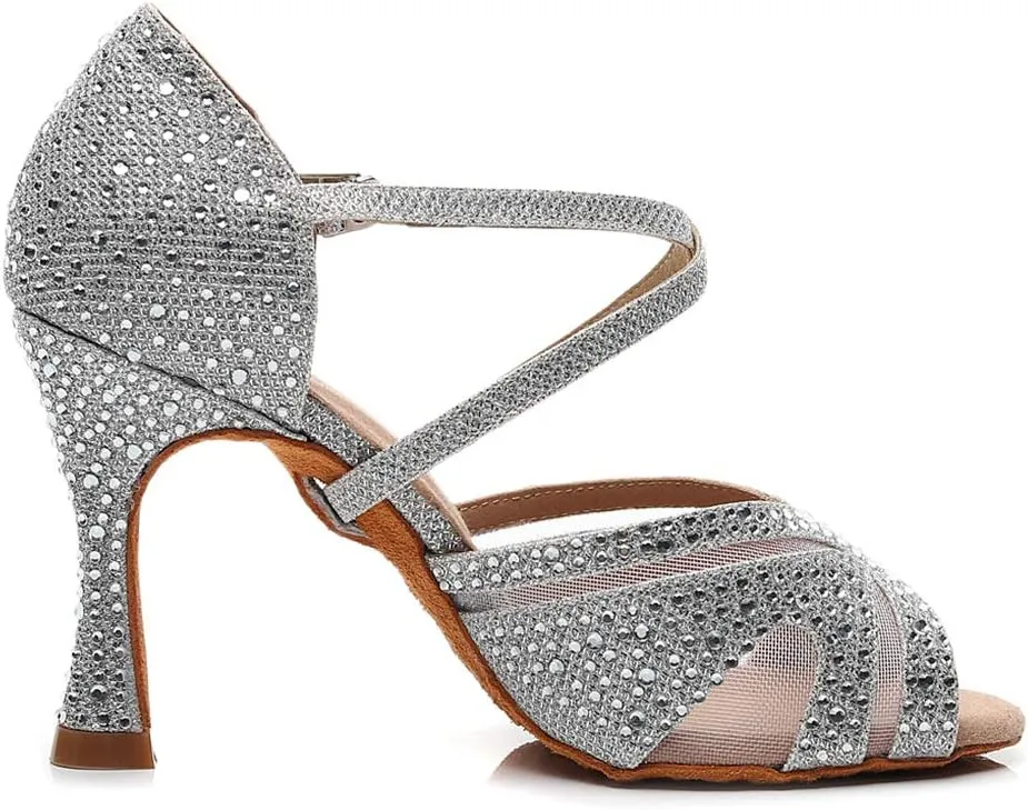 HIPPOSEUS Women Ballroom Dance Shoes Rhinestone Latin Salsa Social Wedding Performance Dance Shoes,Model 1025