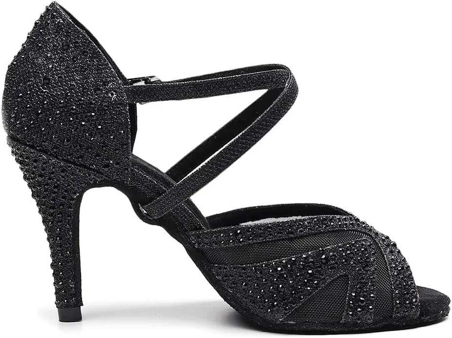 HIPPOSEUS Women Ballroom Dance Shoes Rhinestone Latin Salsa Social Wedding Performance Dance Shoes,Model 1025
