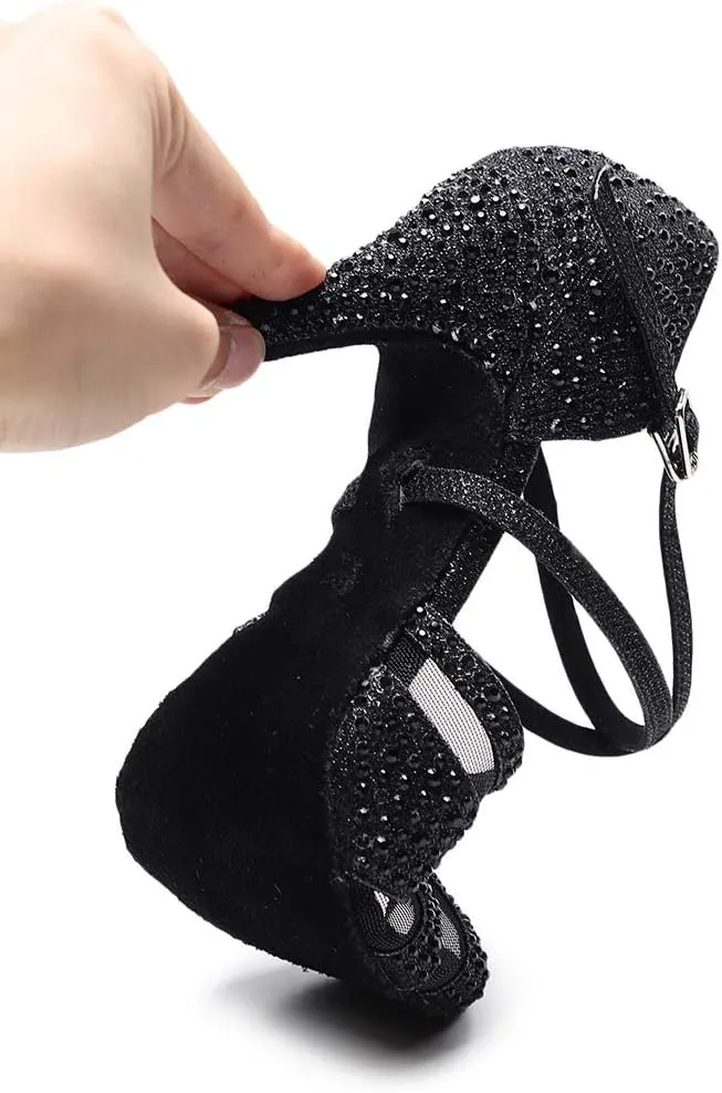 HIPPOSEUS Women Ballroom Dance Shoes Rhinestone Latin Salsa Social Wedding Performance Dance Shoes,Model 1025