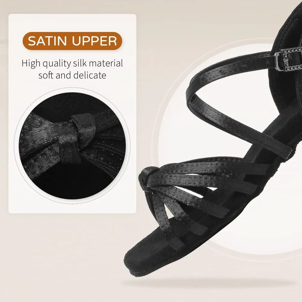 JUODVMP Girls Latin Dance Shoes Satin Ballroom Tango Salsa Practice Party Ballroom Dance Shoes,Model US-SS-ZS