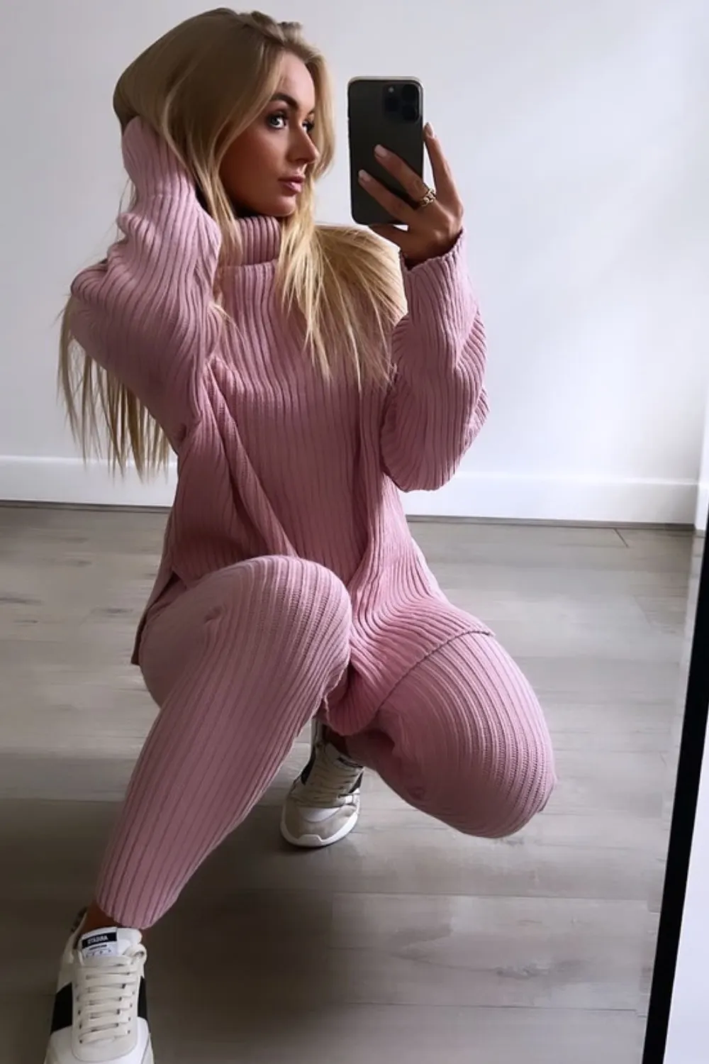 Keevah pink roll neck knitted ribbed coord