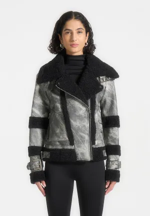 Marbled Leather Borg Biker Jacket - Black