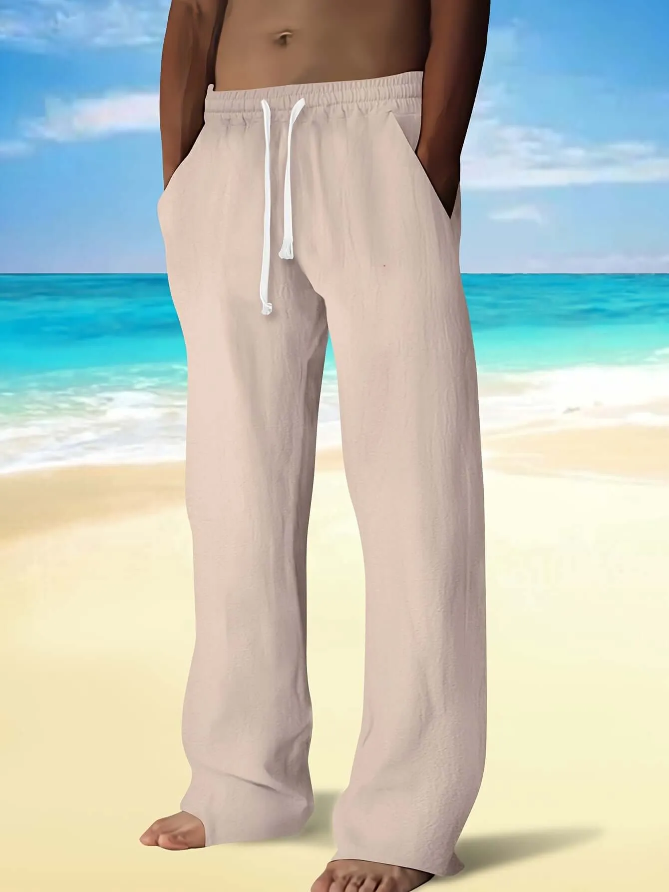 Men's Lightweight Drawstring Beach Pants: Relaxed Fit Linen Trousers