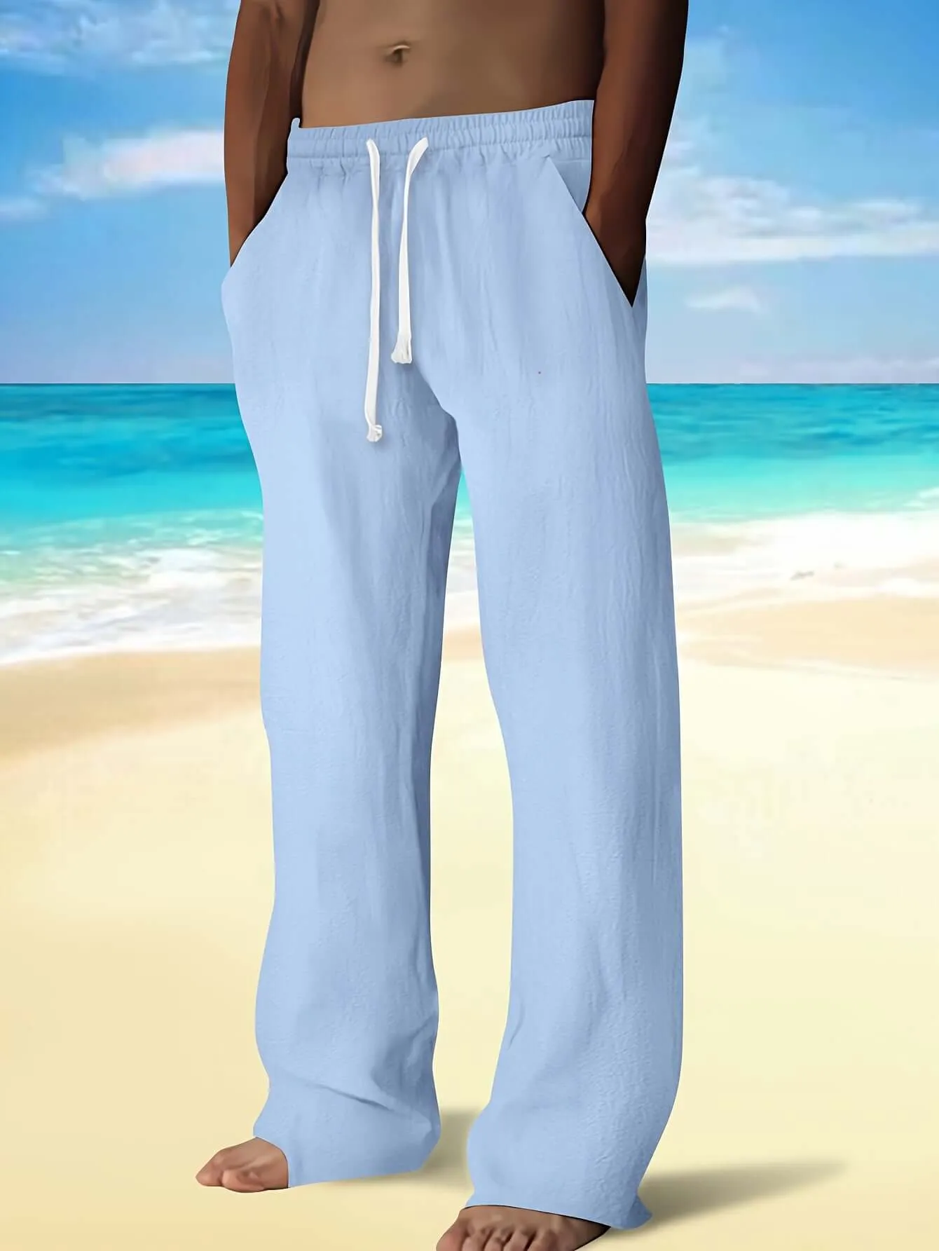 Men's Lightweight Drawstring Beach Pants: Relaxed Fit Linen Trousers