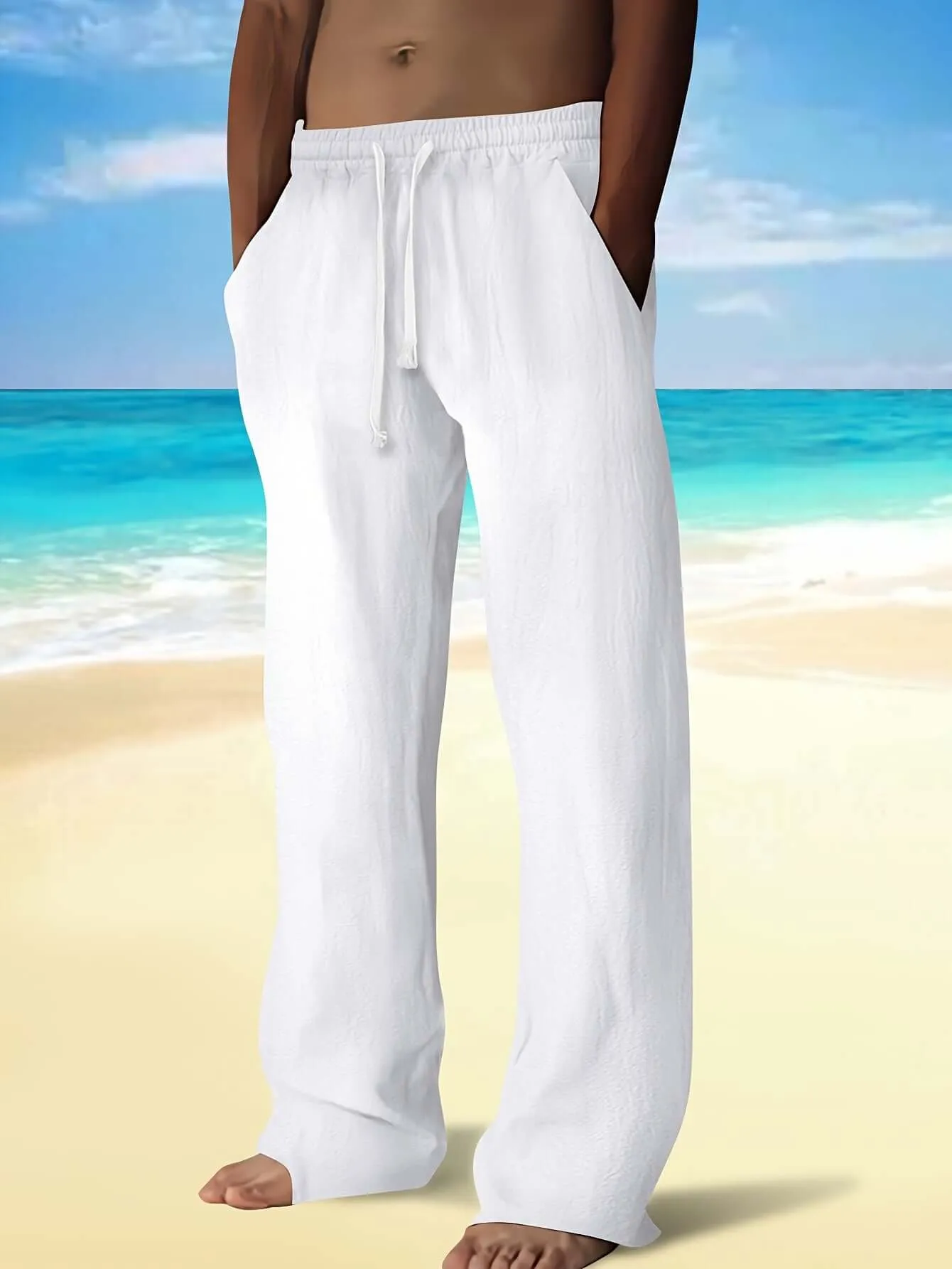 Men's Lightweight Drawstring Beach Pants: Relaxed Fit Linen Trousers