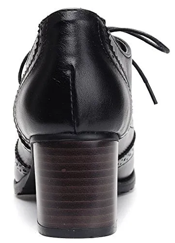 Odema Womens PU Leather Oxfords Wingtip Lace up Mid Heel Pumps Shoes … Black