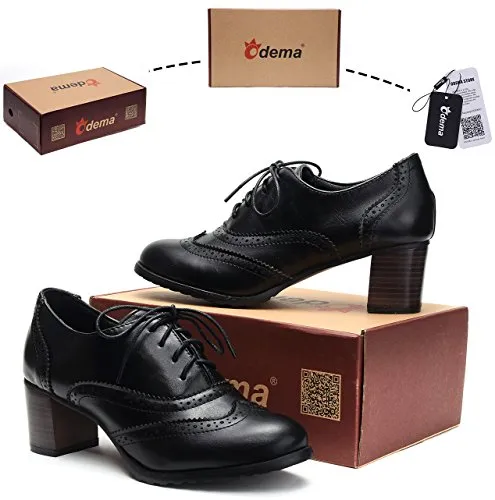 Odema Womens PU Leather Oxfords Wingtip Lace up Mid Heel Pumps Shoes … Black
