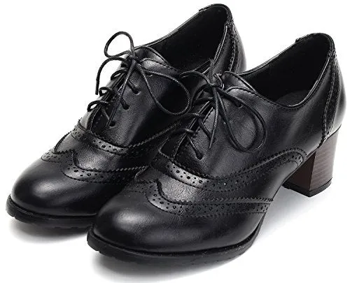 Odema Womens PU Leather Oxfords Wingtip Lace up Mid Heel Pumps Shoes … Black