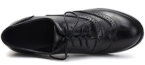 Odema Womens PU Leather Oxfords Wingtip Lace up Mid Heel Pumps Shoes … Black