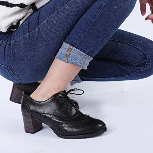 Odema Womens PU Leather Oxfords Wingtip Lace up Mid Heel Pumps Shoes … Black
