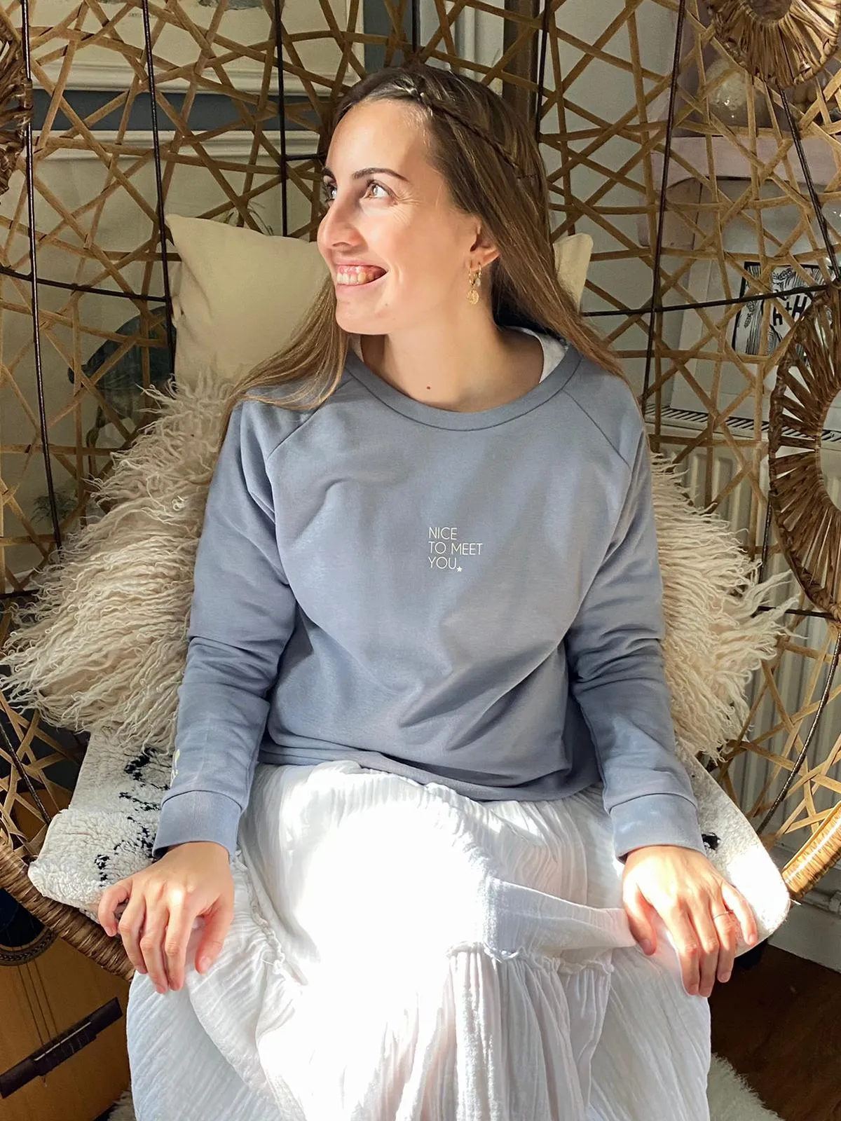 "NICE TO MEET YOU "  Subtle Ecru Slogan Organic Cotton Sweatshirt  - Soft Lilac Grey