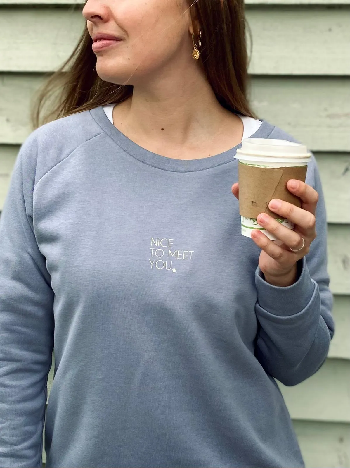 "NICE TO MEET YOU "  Subtle Ecru Slogan Organic Cotton Sweatshirt  - Soft Lilac Grey