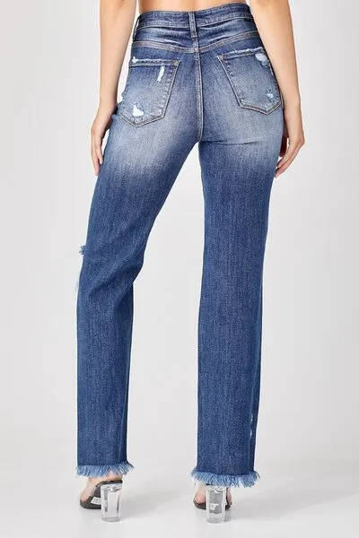 Risen Full Size Raw Hem Distressed Straight Jeans ONLINE EXCLUSIVE