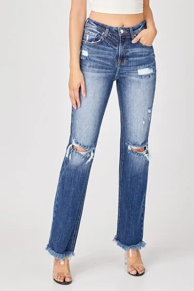 Risen Full Size Raw Hem Distressed Straight Jeans ONLINE EXCLUSIVE