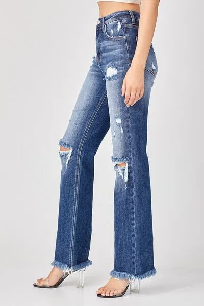 Risen Full Size Raw Hem Distressed Straight Jeans ONLINE EXCLUSIVE