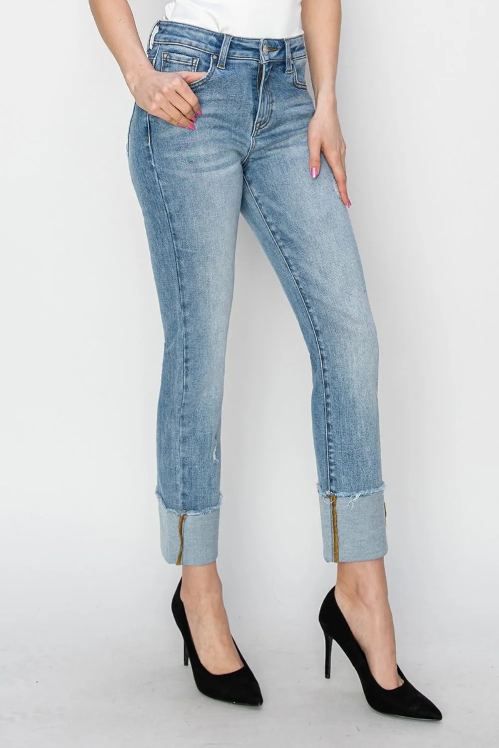RISEN High Rise Cuffed Slim Straight Blue Washed Denim Jeans