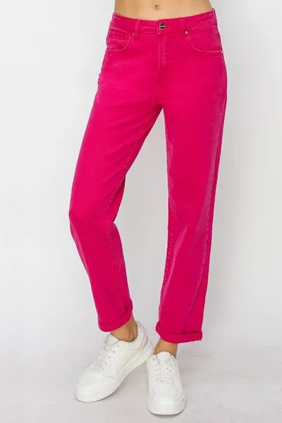 RISEN High Waisted Rolled Hem Pink Denim Straight Leg Jeans