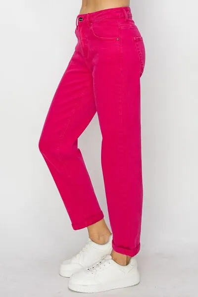 RISEN High Waisted Rolled Hem Pink Denim Straight Leg Jeans