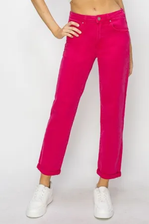 RISEN High Waisted Rolled Hem Pink Denim Straight Leg Jeans