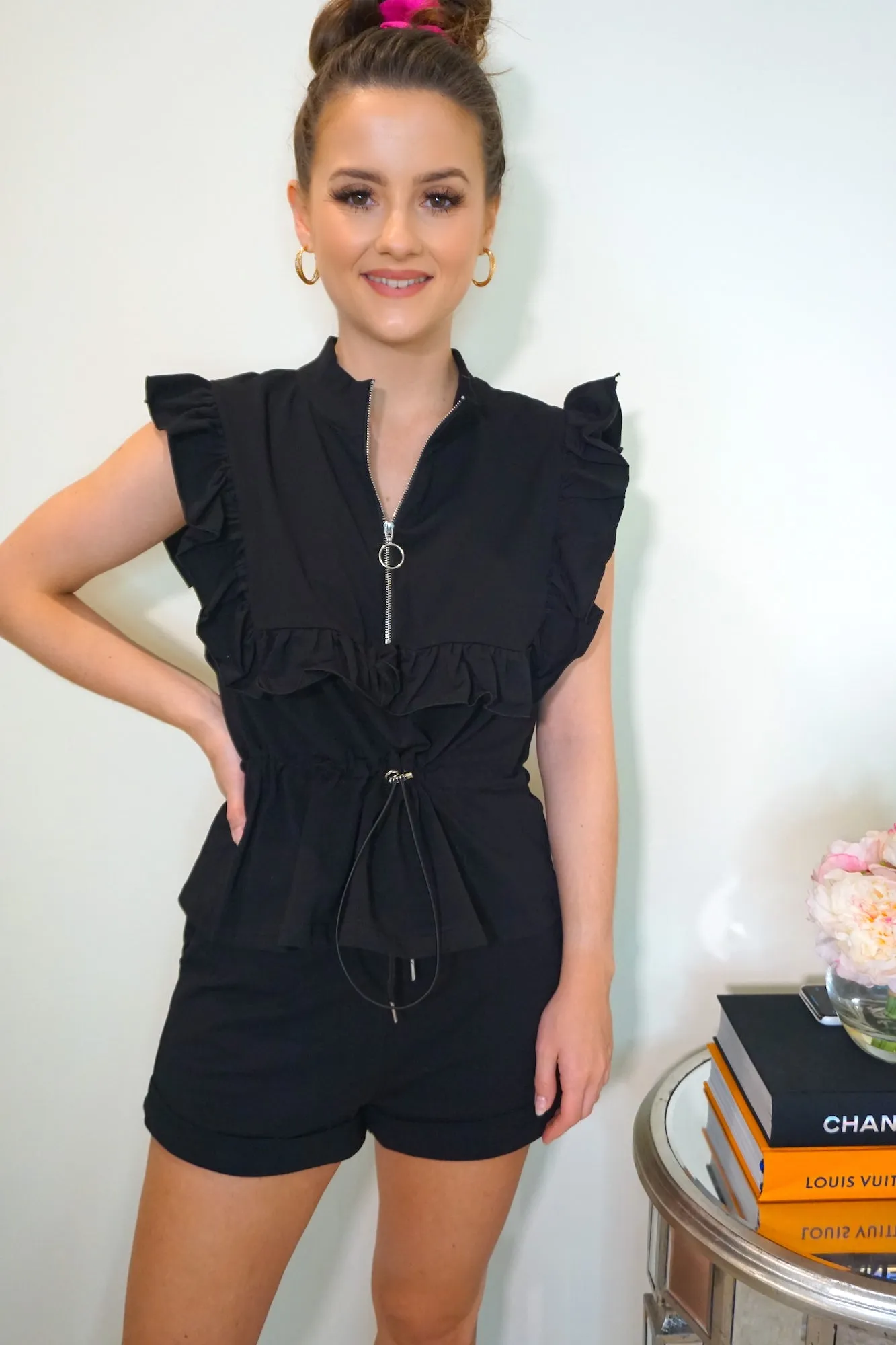 Ruffle Loungeset with Drawstring in Black