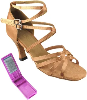 Very Fine Dance Shoes - Ladies Latin, Rhythm, Salsa, Waltz Ballroom Dance Shoes - 5008-2.5-inch Heel and Foldable Brush Bundle - Brown Satin - 9